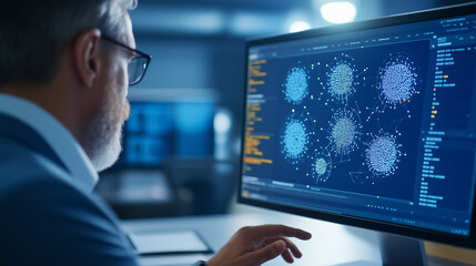 Poster - Focused and dedicated professional intently analyzing data presented on his computer screen within a modern and stylish workspace
