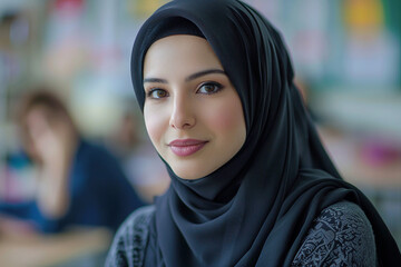 Poster - Arabian woman in traditional hijab clothes living in big city having modern life sports job leisure Generative AI