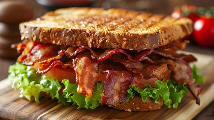 Canvas Print - A bacon and lettuce sandwich on a wooden cutting board