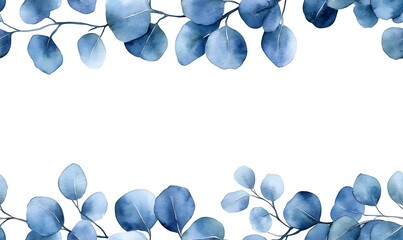 Wall Mural - Eucalyptus leaves in blue tones with a watercolor center on a white background seamless pattern