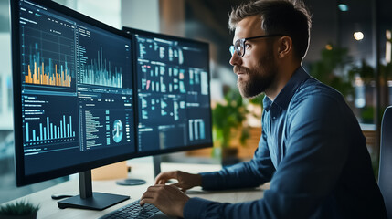 Poster - Focused Data Analyst is actively reviewing detailed Interactive Dashboards within a dynamic and modern Office Environment