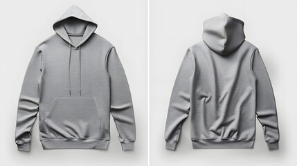 Ash grey sweat pullover long sleeve hoodie template featuring front and back views, flat lay style, blank space for design, minimalist background, and folded sleeves.