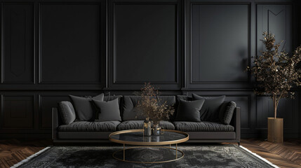 Aufkleber - Luxurious living room with a black sofa and elegant decorations, creating a sophisticated and modern ambiance