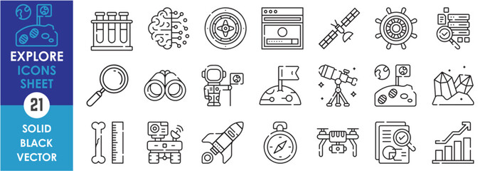 Leinwandbilder - A set of line icons related to Explore. Exploration, visit, science, space, business, trade, search, lens, gems, lab, compass and so on. Vector outline icons set.
