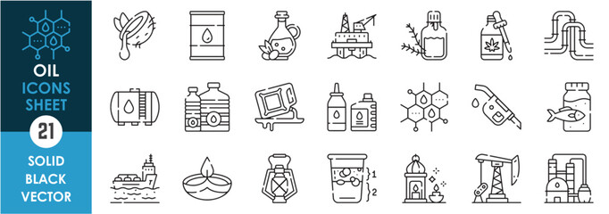 Poster - a set of line icons related to oil. edibles, refined, industry hydrocarbon, coconut, olive, lamp, fi