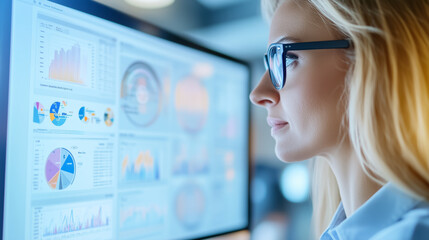 Poster - Professional Woman is Engaged in Analyzing Data on a Computer in a Modern, WellEquipped Office Environment, Showcasing Expertise