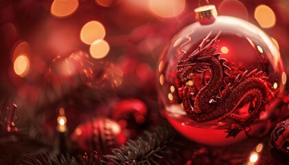 Red Christmas Ornament Featuring Intricate Dragon Design Surrounded by Festive Holiday Decor and Soft Lights