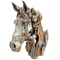 A wooden horse head sculpture with intricate details and a weathered look on white background. Animals.