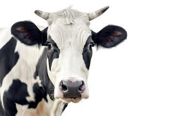 A curious black and white cow with gentle eyes stares directly at the camera against a clean white background. Farm animals.