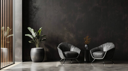 Poster - Minimalist and modern living room with two black armchairs and a green plant in a pot