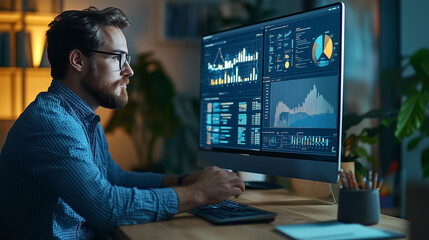 Poster - Focused Data Analyst is actively reviewing detailed Interactive Dashboards within a dynamic and modern Office Environment