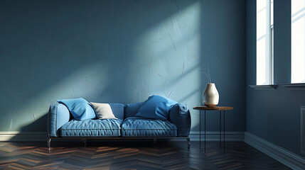 Poster - Sunlight casting a glow on a blue couch in a stylish living space with a wooden floor and modern side table