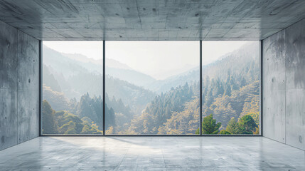 Wall Mural - Empty concrete room with large windows offering a view of a forest landscape