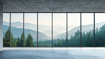 Poster - Empty room with concrete floor and large windows is showing a green forest and mountains in the background