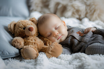 Wall Mural - Sweet baby boy in bear overall, sleeping in bed with teddy bear