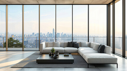 Poster - Modern and spacious living room featuring large windows with stunning city skyline views at sunset