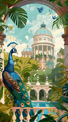 A peacock with vibrant blue and green feathers stands on a balcony overlooking a lush tropical garden with a grand building in the background, evoking a sense of tranquility and beauty. 
