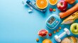 © Zain - Glucometer with sugar level healthy food dumbbells and fresh fruits,copy space,blue background.