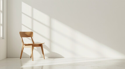 Poster - Simple white room with wooden chair and sunlight creating geometric shadows on the wall