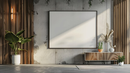 Aufkleber - Sunlit minimalist interior design with blank canvas on concrete wall, wooden furniture, and green plants