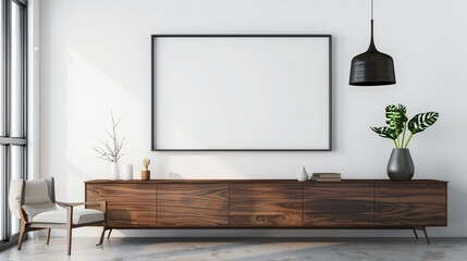 Canvas Print - Modern living room featuring a spacious empty frame above a wooden sideboard