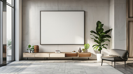  Bright living room is showing a big blank frame hanging on a concrete wall over a low cabinet