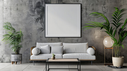 Poster - Modern minimalist living room featuring a white sofa, houseplants, and a blank frame hanging above, perfect for showcasing your artwork or designs