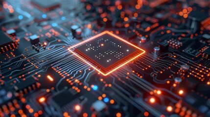 Poster - Circuit Board and Processor with Glowing Lights