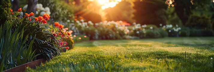 Poster - a beautiful garden with lawn and flowers and a Terrassa