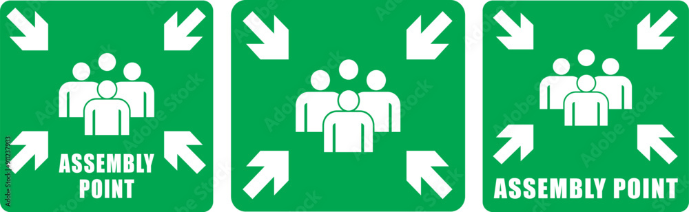 Emergency evacuation assembly point sign set. green color. safety ...