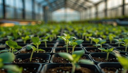 young vegetable seedlings growing in a greenhouse on a bright sunny day