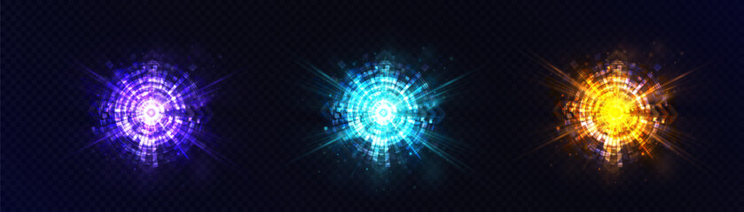 Poster - Bright futuristic blue yellow purple glow flashes with glare effects and glow explosions. Bright set of abstract light effects PNG. Vector graphics for web design