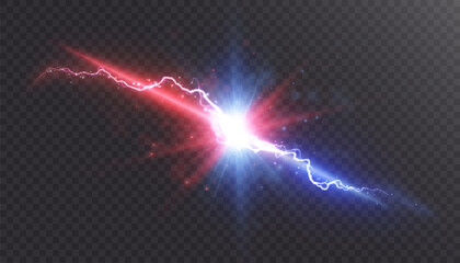 Poster - Light energy explosion effect when colliding with lightning and flashes. Light background. Vector