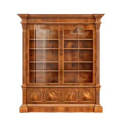 Poster - Antique wooden bookcase with glass doors, set against a transparent checkered background