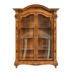 Aufkleber - Elegant vintage wooden cabinet with glass panels and ornate carvings isolated on a transparent background