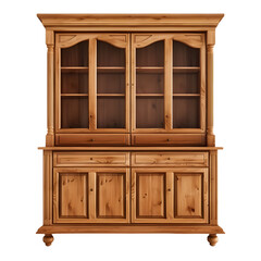 Poster - Isolated pine wood hutch with glass doors and drawers on a transparent checkered background