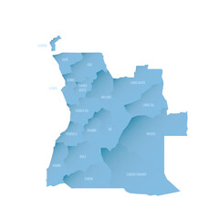 Poster - Angola political map of administrative divisions - provinces. Shaded vector map with 3D-like blue gradient and name labels