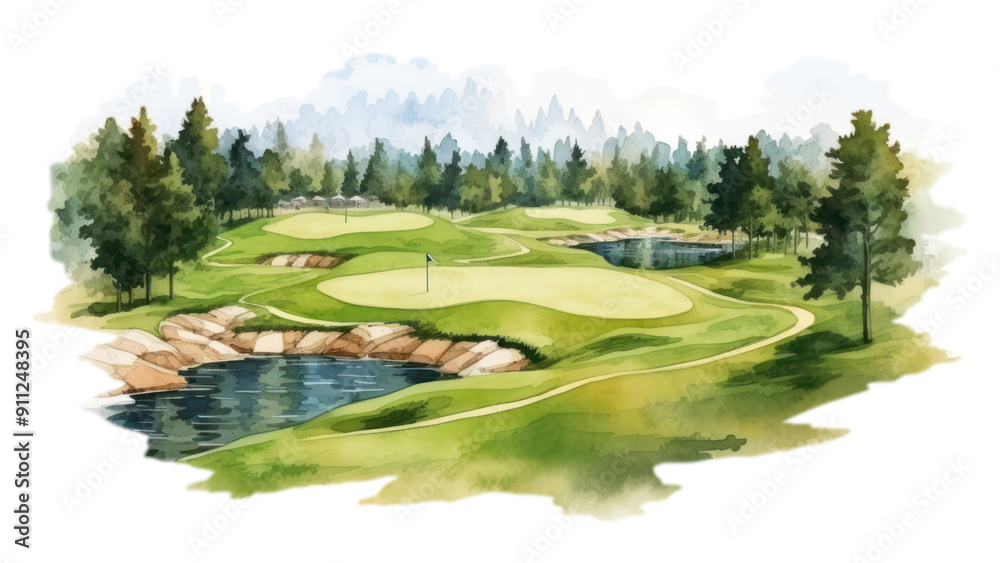 PNG watercolor style for the design of golf course isolated on a white ...