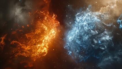 Poster - Abstract artwork depicting clashing flames of fire and ice in a dark background.