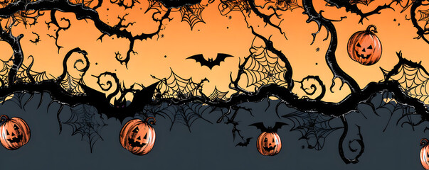 Wall Mural - Fun hand drawn horizontal halloween seamless pattern, spooky branches and spiderwebs, pumpkins and bats - great for textiles, banners wrapping - vector design