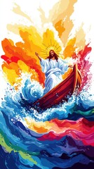 Poster - Vibrant Jesus on Boat Amidst Colorful Waves