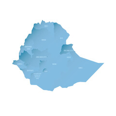 Naklejka na meble Ethiopia political map of administrative divisions - regions and chartered cities. Shaded vector map with 3D-like blue gradient and name labels