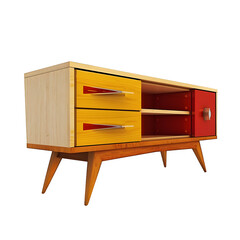 Poster - Mid-century modern sideboard with open drawers, isolated on a transparent background