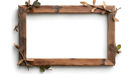 Rustic wooden picture frame with a natural finish, detailed with tiny carved leaves, isolated on white background