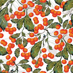 Poster - Orange berries with green leaves decorated seamless pattern background.