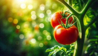 Wall Mural - red ripe tomato on plant in garden,bokeh blur background