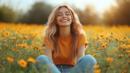 Wall Mural - Beautiful young woman sitting in blooming field on sunny spring day