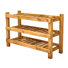 Poster - Three-tier wooden shoe rack with a checkered background, perfect for interior design inspiration