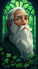 Poster - Elderly Man Portrait in Green Stained Glass Setting