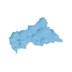 Sticker - Central African Republic political map of administrative divisions - prefectures and autonomous commune Bangui. Shaded vector map with 3D-like blue gradient and name labels